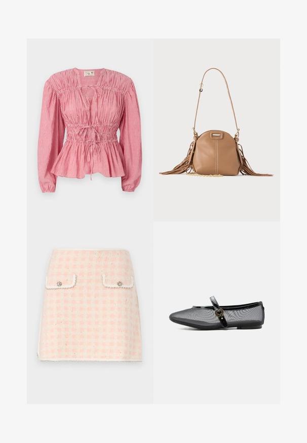 Rød og hvidstribet bluse med lange ærmer, samlet liv og justerbar snor i taljen, med en peplum-søm.; Uld mini nederdel i lyserød og crème ternet mønster, med to forlommer med dekorative knapper og en frynset kant.; Sort net Mary Jane flad sko med blank rem og hjerteformet guldlås, lav hæl og rundet tå på en ensfarvet baggrund.; Lille tanfarvet læder skuldertaske med lang rem, guldkæde detalje og frynser på begge sider mod en neutral baggrund.