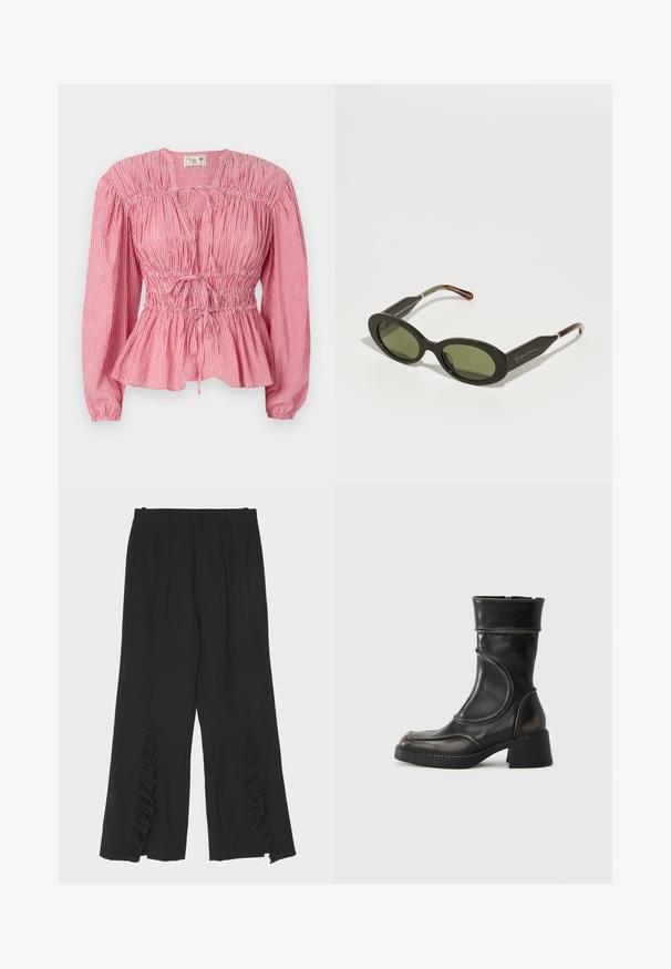 Rød og hvidstribet bluse med lange ærmer, samlet liv og justerbar snor i taljen, med en peplum-søm.; Sorte bukser med bred ben-design, der har flæseaccentuer ved sidesømmen og en flad talje. Glat stofstruktur, skræddersyet snit.; Sort læderankelstøvle med rundet tå, teksturerede detaljer, syning og en kraftig hæl. Lynlås i siden og glat finish.; Sorte ovale solbriller med grønne linser, der har en glat stel og brune detaljer på stangene, med en diskret brandingdetalje.