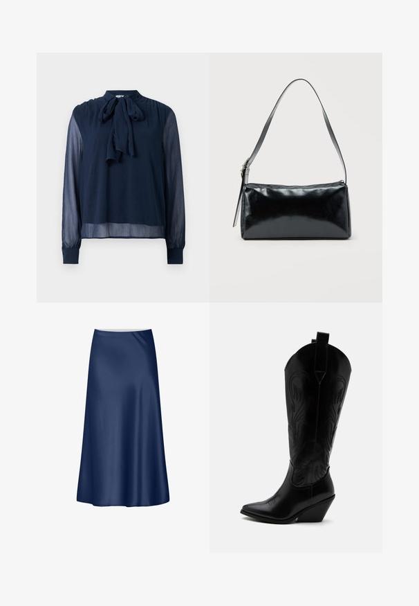Marineblå gennemsigtig bluse med lange ærmer, bånd om halsen og knaplukning ved ærmerne, som har en let tekstureret stof.; Mørkeblå satin A-line nederdel med en glat tekstur, flydende design og en mellemlang længde. Har en ren talje med ingen yderligere detaljer.; Sort læder cowboystøvle med spidst tåparti, skråt blokhælhæl, dekorative sømme og trækstropper øverst mod hvid baggrund.; Sort rektangulær skuldertaske med en enkelt justerbar rem og lynlås i toppen på en ensfarvet baggrund.