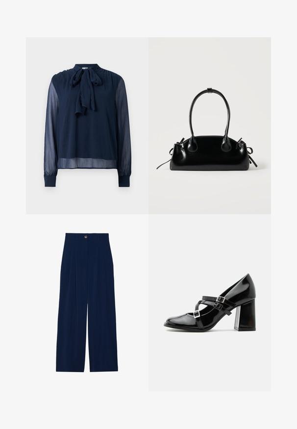 Blouse long à manches transparentes bleu marine avec un nœud à l'encolure et des poignets boutonnés, présentant un tissu légèrement texturé.; Pantalons larges bleu marine en matériau doux, avec des plis avant, une fermeture à bouton et deux poches latérales.; Chaussure à talon haut style Mary Jane noire brillante avec trois brides à boucle et un talon bloc épais, vue de profil sur fond blanc.; Petit sac à main noir brillant avec deux longues anses et des détails à cordon sur les côtés sur un fond clair uni.