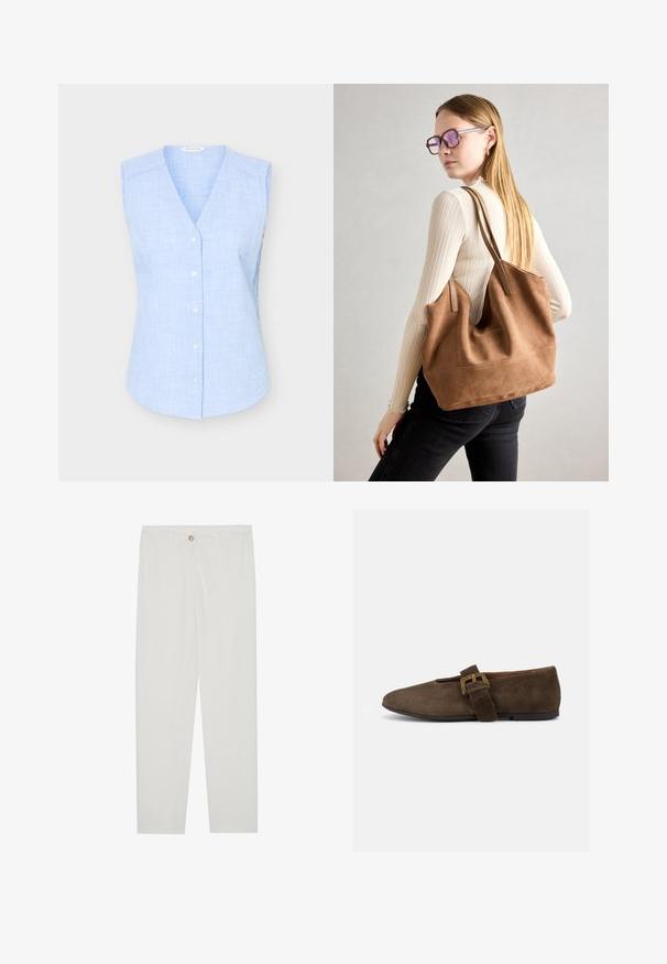 Blusa sin mangas de cuadros en azul claro con botones pequeños y cuello en V, mostrada sobre fondo liso.; Pantalones blancos, ajustados, con un diseño de pierna recta, que cuentan con un cierre de botón, lazos para cinturón y bolsillos laterales; textura de tela suave.; Zapato plano de ante marrón con tira ancha y hebilla dorada, puntera redondeada y suela baja negra, mostrado de perfil sobre fondo blanco.; Bolso de tote de ante marrón con textura suave, gran abertura y asas largas. Presenta un diseño sencillo con costuras visibles y sin herrajes.