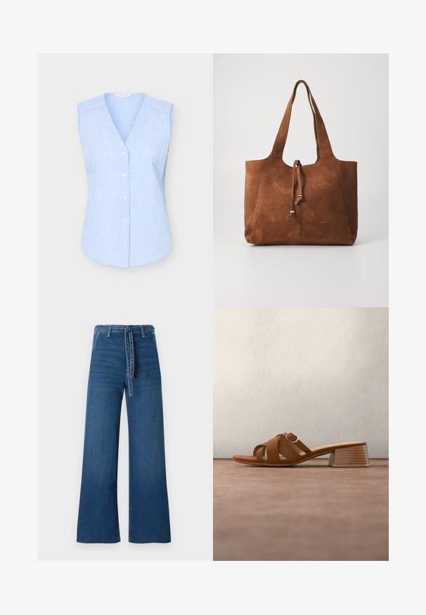 Bezrukávová svetlomodrá kockovaná blúzka na zapínanie s výstrihom do V a malými bielymi gombíkmi, zobrazená na hladkom pozadí.; TOM TAILOR DENIM TTMIJA CULOTTE FIT - Zvonové džínsy - used mid stone blue denim; Hnedý kožený mule s otvorenou špičkou, blokovým podpätkom a kríženými pásikmi, na pozadí sivého podkladu a rozmazaného tmavého prostredia.; Hnedá semišová taška so dvoma dlhými uchami, sťahovacie zapínanie a hladká textura. Obsahuje jednoduchý dizajn a minimálne akcenty.