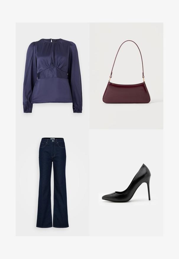 Marineblauwe lange mouw top met een ronde hals, geplooide voorkant en elastische manchetten. Gemaakt van glad, lichtgewicht stof met een getailleerd ontwerp.; ONLY Tall ONLJUICY WIDE RINSE - Wide leg - dark blue denim; Zwarte leren high heel pump met een spitse neus en een gladde textuur. Kenmerkt zich door een slanke stilettohak en een laag uitgesneden vamp ontwerp.; Donker bordeaux glanzende handtas met een enkele dunne handgreep en een slanke trapeziumvorm op een effen lichte achtergrond.