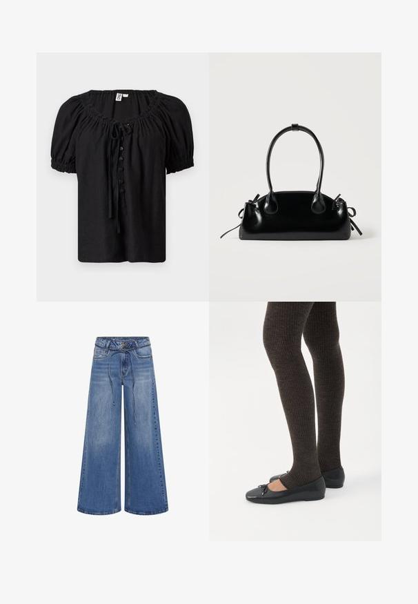 Sort kortærmet bluse med rynket halsudskæring, knaplukning foran, bindebåndsdetalje og puffede ærmer med elastiske manchetter.; My Essential Wardrobe MWKARO 144 MID XWIDE - Wide leg - medium blue wash; Ben iført mørke ribbede leggings kombineret med sorte balletsko med små sløjfedetaljer på hvid baggrund.; Lille sort blank håndtaske med to lange håndtag og snøre-detaljer i siden på en ensfarvet lys baggrund.
