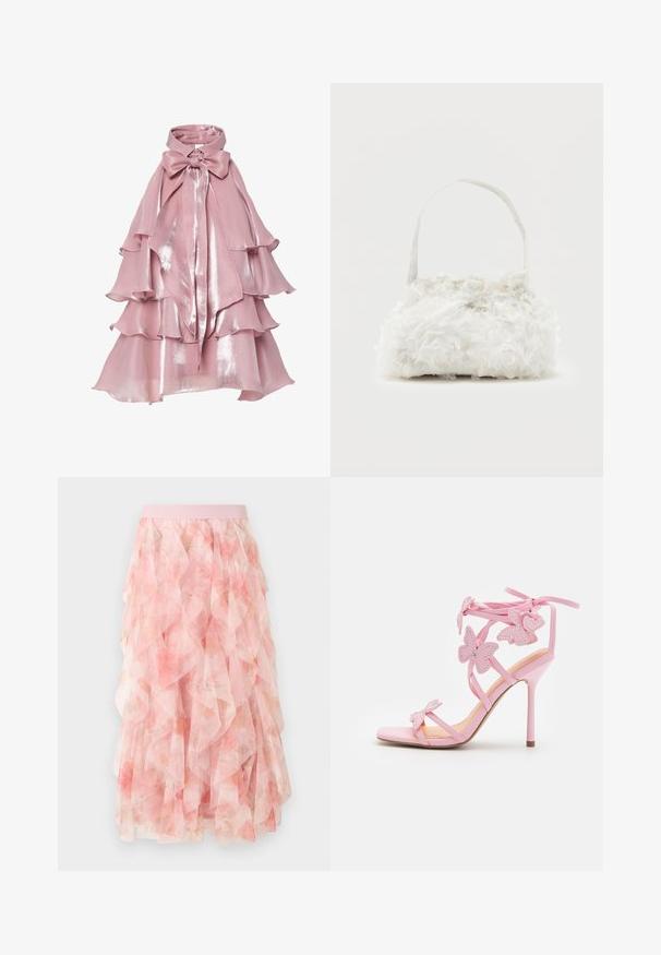 Lagdelte lyserøde kjole med en blank finish, der har bølgede lag og en høj krave, pyntet med en stor sløjfe ved halsen.; Pink lagdelt tyll midi nederdel med blomsterprint og elastisk taljebånd, med bløde flæseteksturer.; Lyserøde højhælede sandaler med sommerfugle pynt, lavet af glat materiale. Har tynde stropper og en slank hæl.; Lille hvid håndtaske med stofroser, der dækker kroppen, og et tyndt enkelt skulderremshåndtag på en ensfarvet baggrund.