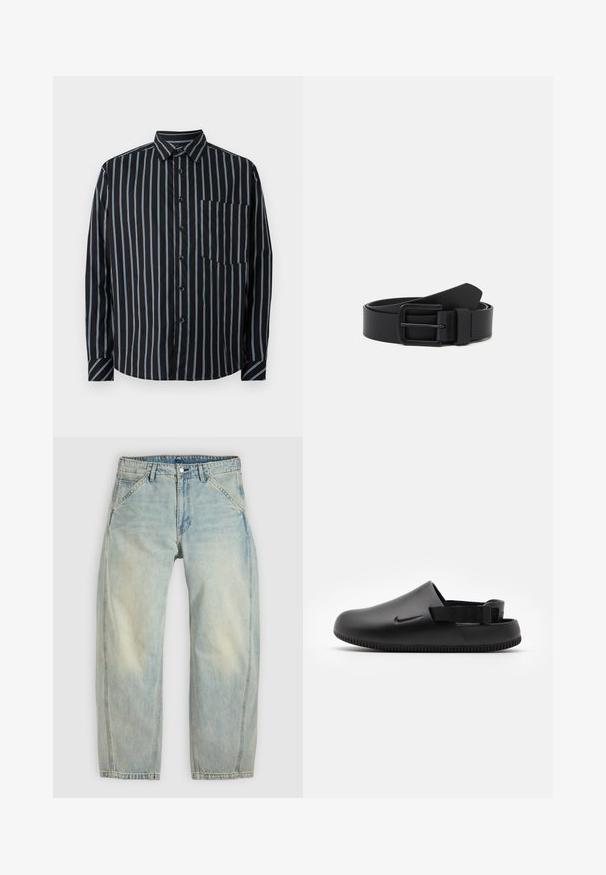 Zwarte overhemd met blauwe verticale strepen, lange mouwen, een kraag en een borstzak. Glad materiaal, ontspannen pasvorm, standaardknopen.; Lichtblauwe jeans met wijde pijpen, gemaakt van denim. Heeft vijf zakken, een knoopsluiting en vervaagde plekken voor een versleten uitstraling.; Zwarte gemoldeerde klompen met een gladde textuur, een achterband voor stabiliteit en een geribbelde zool voor grip. Bevat een klein logo aan de zijkant.; Zwarte leren riem met een matte afwerking, rechthoekige metalen gesp en een soepele textuur. Heeft een strakke vormgeving zonder zichtbare patronen.