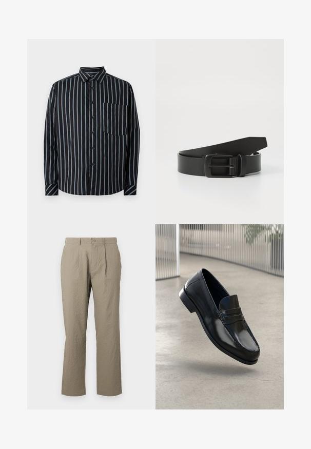 Chemise noire à boutons avec des rayures verticales bleues, manches longues, col et poche poitrine. Tissu lisse, coupe décontractée, boutons standard.; Pantalons beiges avec une surface texturée, présentant une coupe droite, des plis à l'avant et une fermeture à bouton unique à la taille.; Mocassins en cuir noir à finition lisse, bout arrondi, coutures décoratives et semelle extérieure légèrement surélevée.; Ceinture en cuir noir avec une boucle en métal noir mat, présentant une texture lisse et un design simple. Longueur réglable avec une extrémité effilée.