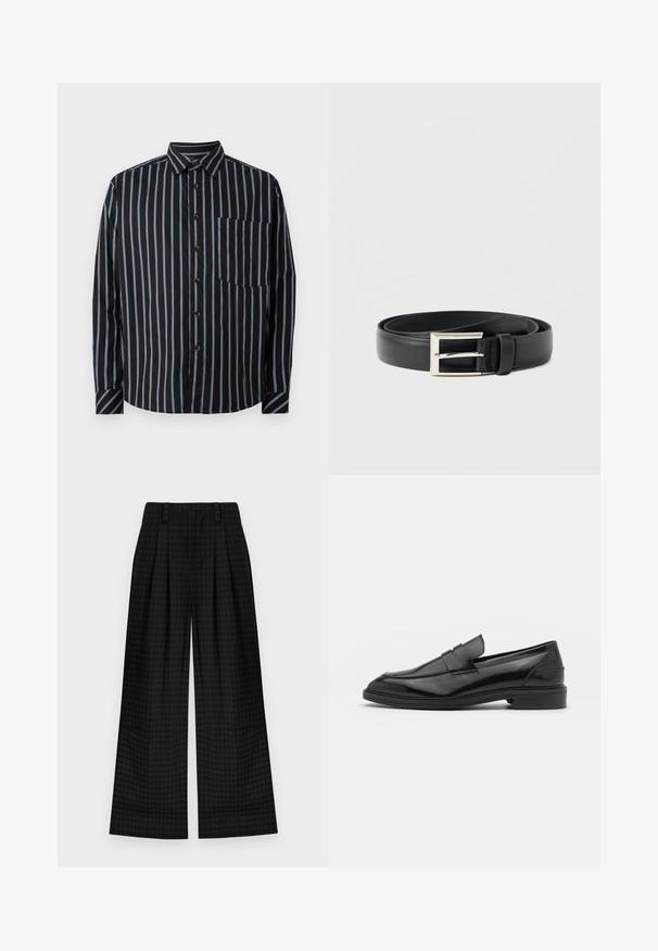 Black button-up shirt with blue vertical stripes, long sleeves, a collar, and a chest pocket. Smooth fabric, relaxed fit, standard buttons.; Black checkered wide-leg trousers with pleats, featuring a smooth texture and classic design. Lightweight fabric for comfort.; Black leather loafers with a smooth finish, featuring a rounded toe and a narrow band across the upper. Low stacked heel.; Black leather belt with a square silver buckle, featuring a smooth texture and a classic design, coiled neatly.