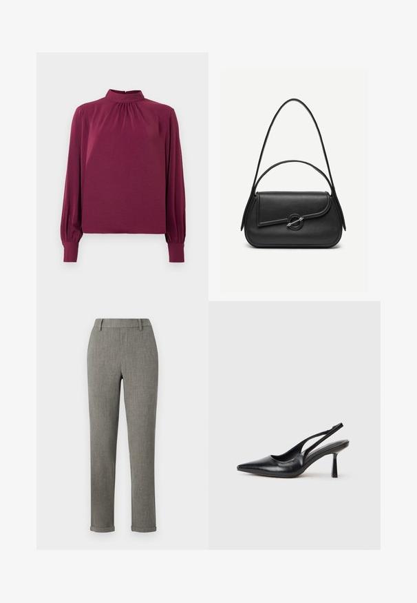 Pikad varrukad, kõrge kaelusega blouse tumesügavas burgundia värvitoonis; kaeluses on volangdetailid ning õlavarreotsad on nutikalt kohandatud. Sile tekstuur.; Hallid tailored slim-fit püksid vööaasade ja mansettidega, sobivad ametlikuks või kontorikandmiseks.; Must musta slingback kõrge kontsaga king, terava varbaga ja peene kontsaga, valgel taustal.; Mustast nahast käekott ümarate äärtega, asümmeetrilise kaanega, metallist ümar lukk ja nii lühikeste kui ka pikkade õlapaeltega.