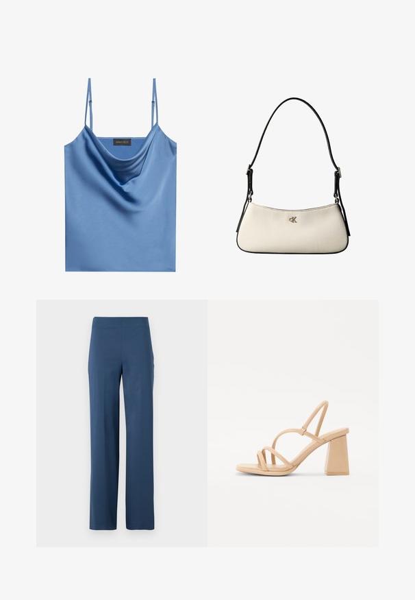 Blå satin camisole med tynde justerbare stropper, der har en cowl-udskæring og en glat, blank overflade. Labelen siger "ANNA FIELD."; Mørkeblå, vidde bukser lavet af blødt, strækbart stof. Har høj talje og et rent, udekoreret design uden lommer.; Nude højhælede sandaler med en kvadratisk blokhæl, tynde stropper og en glat, blank finish. Simpelt design med en stropøverdel.; Lille skuldertaske i cremegul med sort kant, justerbar sort strop og sølvfarvet "cK" logo på forsiden i midten.