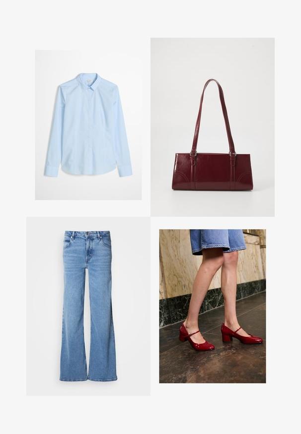 Lyseblå skjorte med knapper og lange ærmer, klassisk krave og et subtilt logo broderet på brystet. Glat, skarpt stoftekstur.; Lyseblå jeans med vid ben lavet af denim. Har et klassisk fem-lomme-design og synlig knaplukning. Blød tekstur og enkel finish.; Person iført skinnende røde Mary Jane blokhæle og nederdel i blå denim, som står på en mørk flisebelagt gulv nær en marmormur.; Bordeaux håndtaske lavet af glansfuldt materiale, rektangulær form, med to skulderremme og subtile buede detaljer på forsiden.
