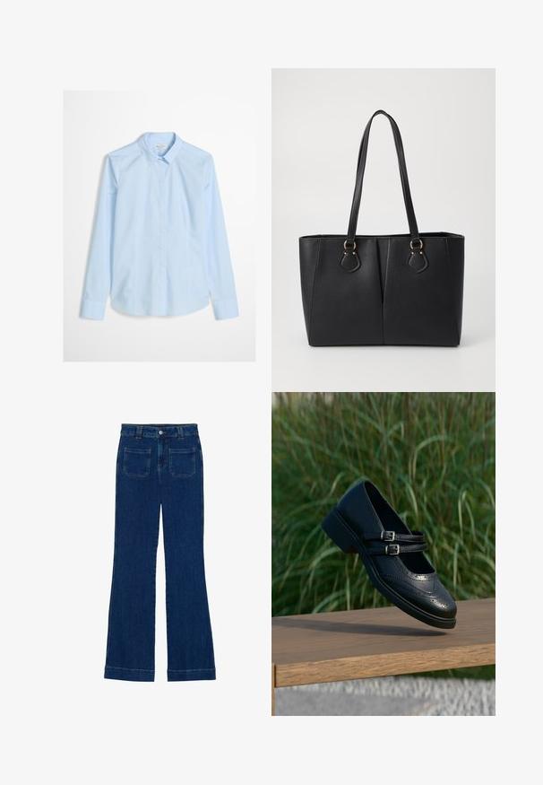 Chemise bleu clair à manches longues, col classique, avec un logo discret brodé sur la poitrine. Tissu lisse et net.; Jean flare en denim bleu foncé avec une texture lisse, design à cinq poches et fermeture à bouton à la taille.; Chaussure Mary Jane en cuir noir avec doubles brides bouclées et détails brogue, flottant au-dessus d'un banc en bois avec en arrière-plan de l'herbe verte.; Sac fourre-tout noir en simili cuir avec une finition texturée, deux longues poignées et des accents en métal doré sur le côté. Shape rectangulaire.