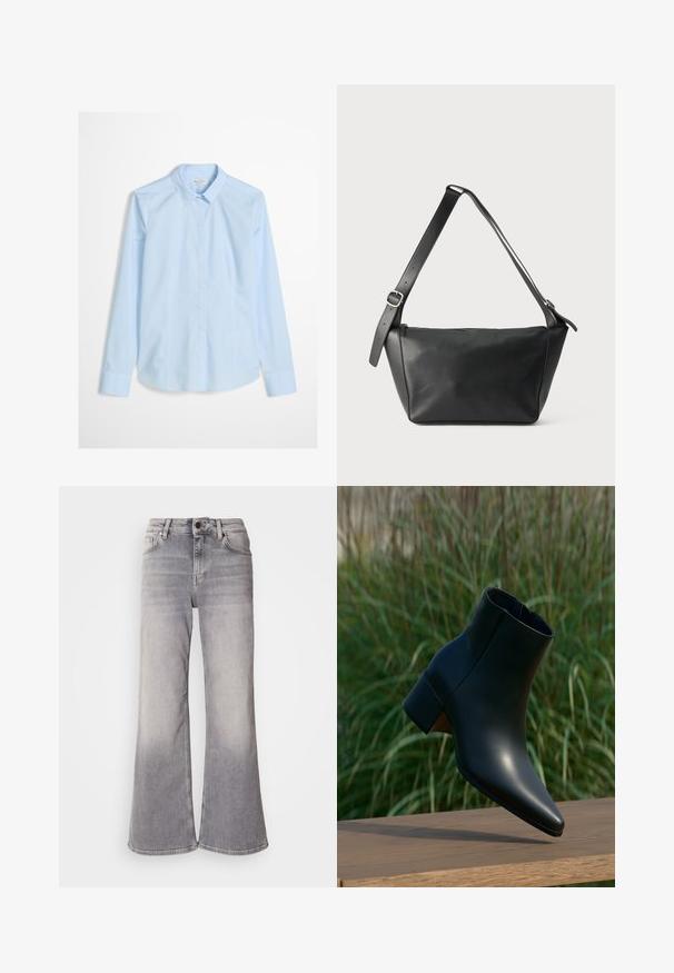 Lyseblå skjorte med knapper og lange ærmer, klassisk krave og et subtilt logo broderet på brystet. Glat, skarpt stoftekstur.; Mos Mosh HERA - Flared jeans - grey; Sort læderankelstøvle med blokhæl, spids tå, vist over et trægulv med grøn sløret græs i baggrunden.; Sort læder skuldertaske med bred justerbar rem og sølvspænde, vist mod en ensfarvet lys baggrund.