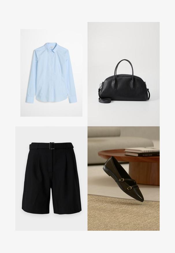 Lyseblå skjorte med knapper og lange ærmer, klassisk krave og et subtilt logo broderet på brystet. Glat, skarpt stoftekstur.; Sorte skræddersyede shorts med en glat tekstur, der har en bred talje og en metal spænde detalje. Struktureret design og plisseret front.; Sort flad sko med spids snude og to tynde remme med spænder, der svæver over et beige tæppe, med et bord i træ og bøger i baggrunden.; Sort læder håndtaske med rund form, dobbelte top håndtag, tekstureret overflade og aftagelig skulderrem. To hexagonale detaljer på siderne.