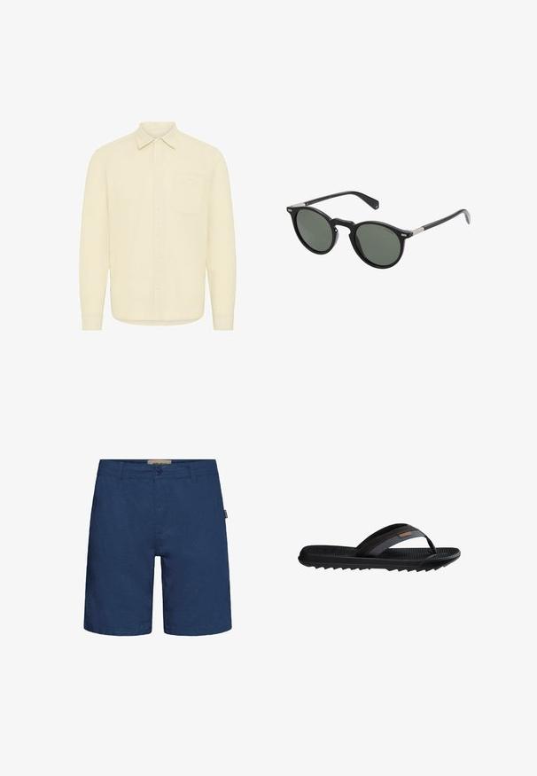Chemise à manches longues à boutons en tissu crème clair. Elle dispose d'un col, d'une poche poitrine unique et d'une coupe décontractée avec des poignets boutonnés.; Shorts bleu marine en tissu à texture lisse, dotés d'une fermeture à bouton et d'une poche avant, coupés juste au-dessus du genou.; Sandale tong en caoutchouc noir avec semelle texturée, bride en tissu et coutures orange, conçue pour un usage extérieur décontracté.; Lunettes de soleil rondes noires avec des verres verts foncés, monture en plastique et accents en métal sur les branches. Texture lisse, design minimaliste.