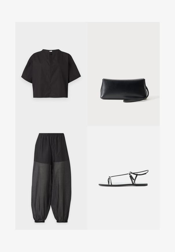 Haut noir à manches courtes et coupe droite avec manches larges et une petite fente en V à l’avant, présenté sur un fond blanc uni.; Pantalon noir à jambes larges avec taille élastique et poignets élastiques froncés, en tissu semi-transparent de la mi-cuisse à la cheville.; Sandale plate noire avec fines lanières, une boucle pour les orteils et une boucle de cheville ajustable sur un fond gris clair.; Pochette en cuir noir lisse avec une fine lanière de poignet, forme rectangulaire, et logo embossé subtil centré sur le devant.