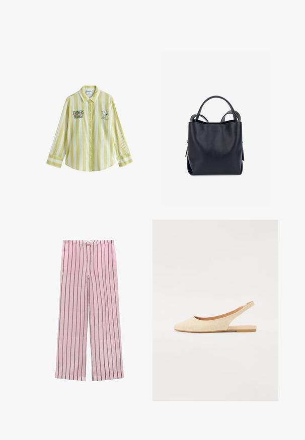 Chemise à manches longues boutonnée avec des rayures verticales jaunes et blanches, inscription « Farmers Market » et personnage Snoopy portant un chapeau sur la poitrine.; Pantalons larges à rayures roses avec des rayures verticales noires et grises. Fabriqués en tissu léger, dotés d'une taille élastique pour plus de confort.; Ballerines beiges à talon ouvert avec un bout pointu, fabriquées en tissu texturé, dotées d'une semelle flexible et d'un design à talon ouvert.; Sac à main en cuir noir à la texture lisse, forme structurée, doubles poignées supérieures et design minimaliste. Présente des accents latéraux subtils.