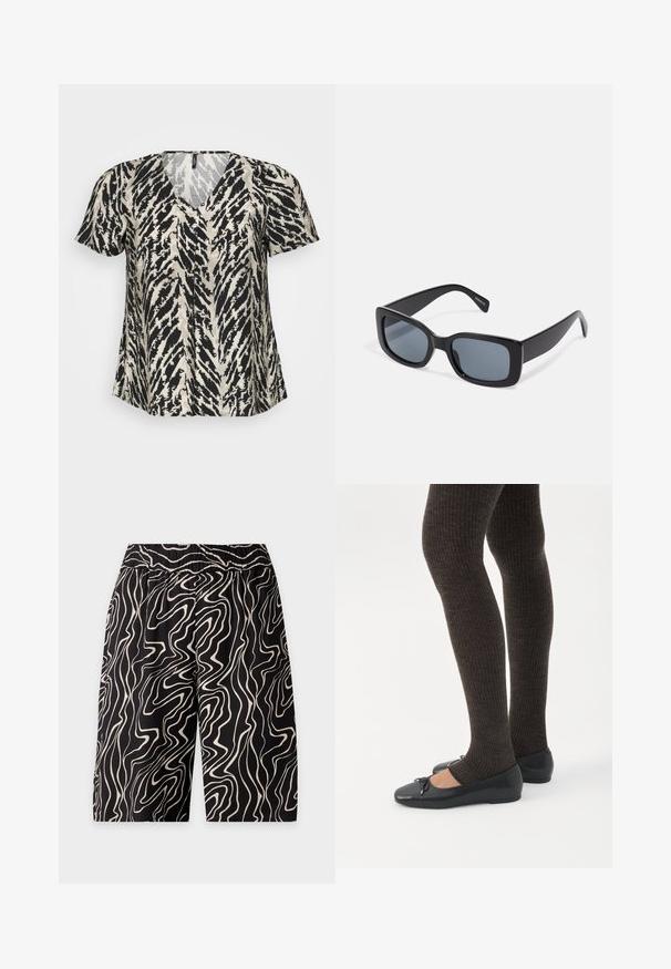 T-shirt à manches courtes avec un décolleté en V, arborant un motif à rayures tigre noir et crème. Le tissu semble léger et fluide.; Short noir avec une taille élastique présentant un motif abstrait de lignes ondulées blanches couvrant tout le tissu.; Jambes portant des leggings côtelés foncés associés à des ballerines noires avec de petits détails en nœud sur fond blanc.; Lunettes de soleil rectangulaires noires avec des verres teintés foncés, monture en plastique épaisse et branches larges. Surface lisse et design angulaire.