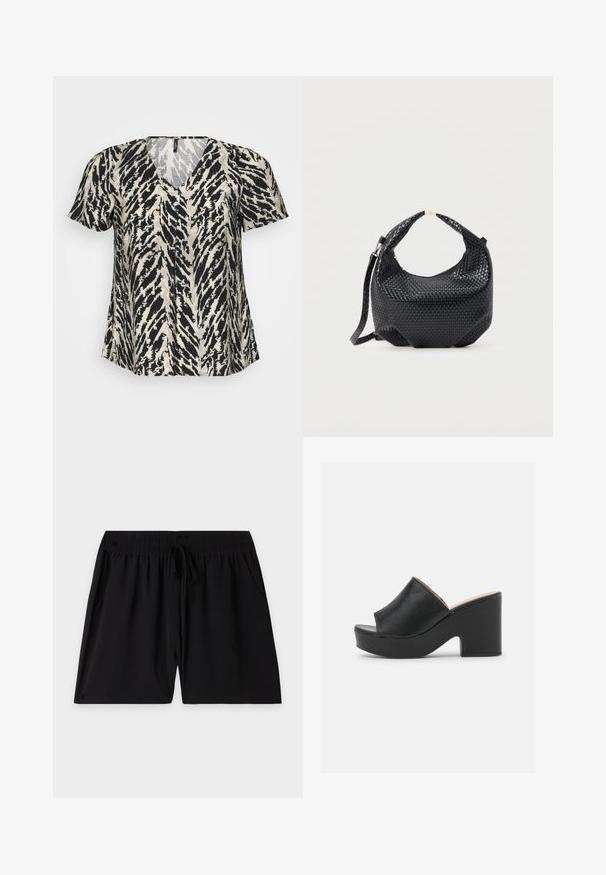 T-shirt met korte mouwen en een V-hals, met een zwart en roomkleurig tijgerstreep patroon. De stof lijkt lichtgewicht en luchtig.; Zwarte shorts met elastische tailleband, verstelbaar trekkoord en zijzakken, plat neergelegd op een effen lichte achtergrond.; Zwarte leren open teen muiltjes met een brede voorkant en een stevige, hoge plateauhak met een gladde textuur. Zijaanzicht weergegeven.; Zwart gevlochten lederen handtas met korte handgreep en afneembare schouderriem, getoond tegen een effen lichte achtergrond.