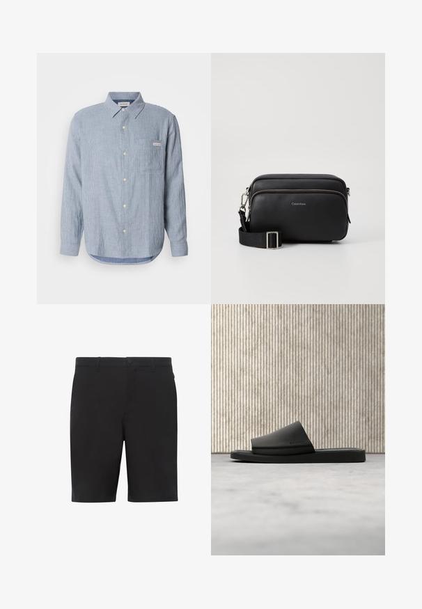 Lyseblå stribet skjorte med knapper, lavet af bomuldsstof, lange ærmer, spidse kraver, enkelt brystlomme og logoetiketdetalje.; Sorte shorts lavet af letvægtsstof, med flad front, standard linning og sidelommer. Glat tekstur uden synlige mønstre.; Sort Calvin Klein klipklap, der hviler på beige tæppe ved siden af et rundt, ravfarvet bord med en væg beklædt med træpaneler i baggrunden.; Sort læder crossbody taske med to lynlåslommer, struktureret overflade, justerbar rem og sølvhardware detaljer. Calvin Klein-logoet er vist.