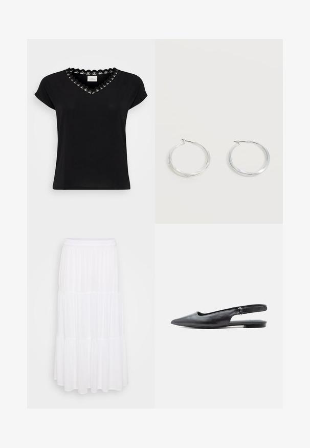 Sort T-shirt med kapærmer, V-hals, med en bølget blondekant i hvid og sort. Blødt stof, afslappet pasform, minimalistisk design.; Hvid lagdelt maxiskørt lavet af letvægtsstof, med elastisk talje og flydende tekstur med subtile samlingsdetaljer.; Sort læder flad slingbacksko med spids tå, lav hæl og justerbar rem på lys baggrund.; Sølvfarvede metaloorringe med glat, let buet overflade og låsemekanisme på en ensfarvet hvid baggrund.