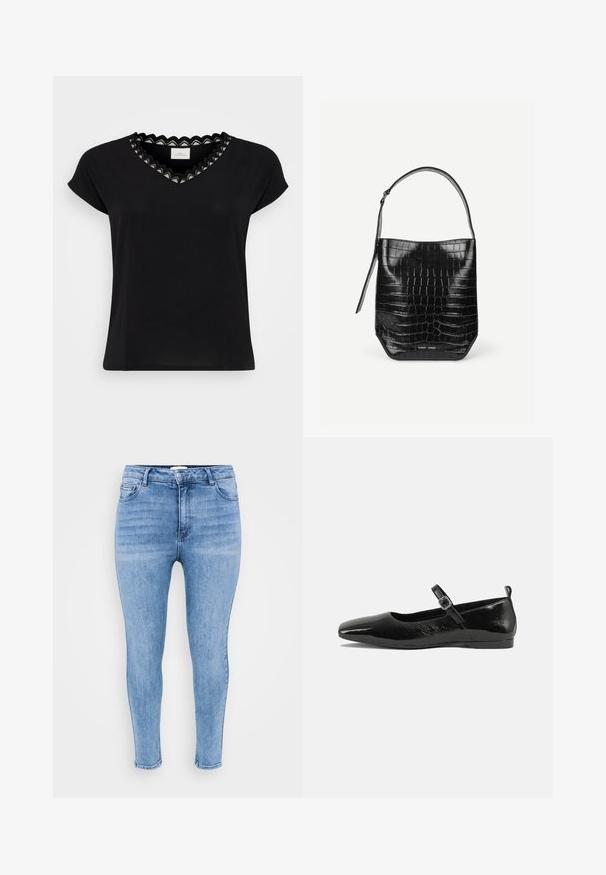 Sort T-shirt med kapærmer, V-hals, med en bølget blondekant i hvid og sort. Blødt stof, afslappet pasform, minimalistisk design.; Lysblå skinny jeans lavet af denim, med høj talje, fem-lomme design og let falmning langs lårene.; Sorte patentlæder flade sko med spidse tæer, en ankelrem med spænde og en glat, blank tekstur. Lav hæl for komfort.; Sort spandtaske i krokodillepræget læder med enkelt skulderrem og lille sølvfarvet mærkelogo foran nederst i midten.
