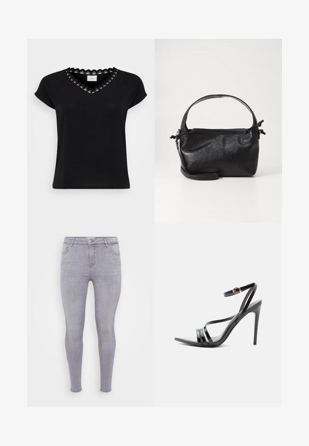 Sort T-shirt med kapærmer, V-hals, med en bølget blondekant i hvid og sort. Blødt stof, afslappet pasform, minimalistisk design.; Grå skinny jeans lavet af denim, med klassisk fem-lomme design, lynlås i front og en glat overflade med let stræk.; Sort højhælet sandal med tynde remme over tæerne og anklen, med en gylden spænde på en slank stilet-hæl.; Sort læderhåndtaske med et struktureret design, rund tophåndtag og aftagelig skulderrem. Den har en glat tekstur og en subtil glans.
