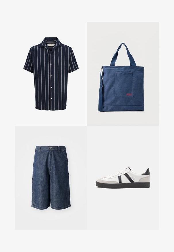 Marineblaues Kurzarmhemd mit weißen vertikalen Streifen und Kentkragen, dargestellt auf einfarbigem Hintergrund.; Dunkelblaue Denim-Shorts mit geradem Schnitt, fünf Taschen und sichtbaren Nähten. Mit Knopfverschluss und Gürtelschlaufen.; Weiße Sneaker mit schwarz- und grau-aczenten, ausgestattet mit einer strukturierten grauen Zehenkappe, schwarzer Gummi-Sohle und flachen weißen Schnürsenkeln. Sauberes Design, minimalistische Stil.; Blauer Canvas-Einkaufstasche mit Vordertasche und roter "O.N.S" Stickerei, ausgestattet mit zwei Griffen und einem verstellbaren Schulterriemen.