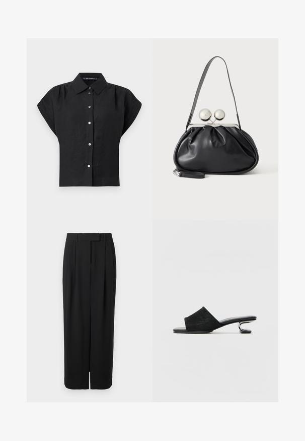 Schwarze Bluse mit kurzen Ärmeln, Knopfleiste, weitem Kragen und dezenten Raffungen an den Schultern, mit dem Etikett Karl Lagerfeld.; Schwarze, hoch taillierte, weit geschnittene Hose mit Bügelfalte vorne, Gürtelschlaufen und verdecktem Verschluss vor weißem Hintergrund.; Schwarze Wildlederslide-Sandalen verfügen über ein breites Band, offene Zehen und einen skulpturalen metallischen Absatz. Glatte, flache Sohle mit minimaler Textur.; Schwarze Ledertasche mit gerafftem Design, einem einzelnen Riemen, silbernem Metallrahmen und zwei großen runden silbernen Verschlüssen.