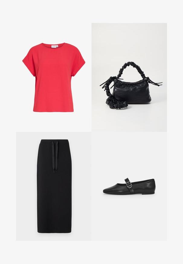 Rode dames top met korte mouwen, ronde halslijn en losse pasvorm, gemaakt van gestructureerde stof, met label "VILA" aan de binnenkant van de kraag.; Zwarte midi rok van zacht materiaal, met een trekkoord in de taille. Eenvoudig ontwerp met een rechte silhouette en geen aanvullende patronen.; Zwarte leren platte schoen met een ronde neus, een enkele verstelbare gespsluiting en een gladde, glanzende textuur. Minimalistisch ontwerp met een lage hak.; Zwarte nepleer handtas met een krokodillenstructuur, opgedroogde bovenkant en een gekreukte hengsel. Het lijkt zacht en compact van ontwerp.
