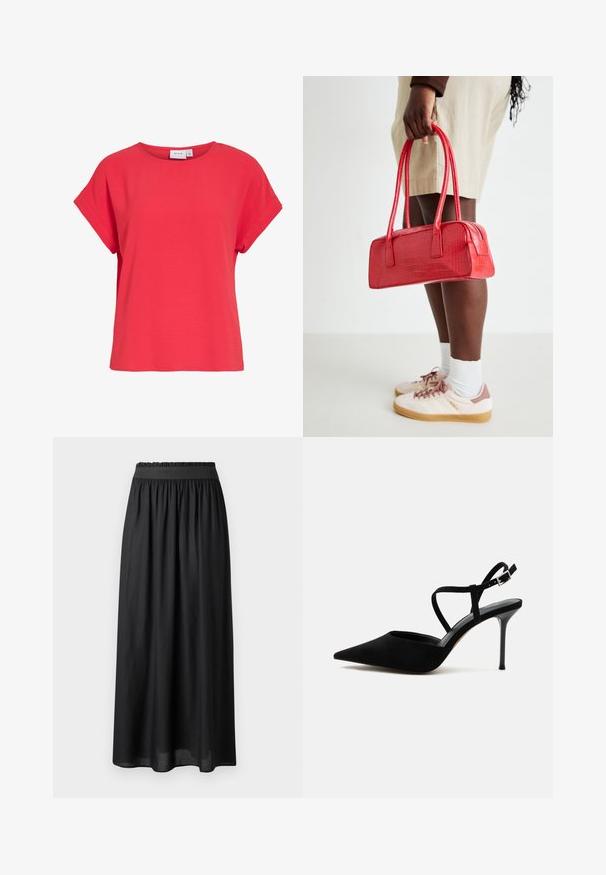 Top rojo de mujer de manga corta con escote redondo y corte holgado, hecho de tela texturizada, con etiqueta "VILA" en el interior del cuello.; Falda negra de longitud media hecha de tela ligera, con una cinturilla elástica y una silueta fluida de textura suave.; Zapato de tacón alto negro de punta estrecha con tacón de aguja delgado y finas tiras en el tobillo con hebilla plateada sobre fondo blanco.; Bolso de mano rojo con diseño de cocodrilo en relieve, con dos asas y cierre de cremallera. Forma rectangular, textura suave y acabado brillante.