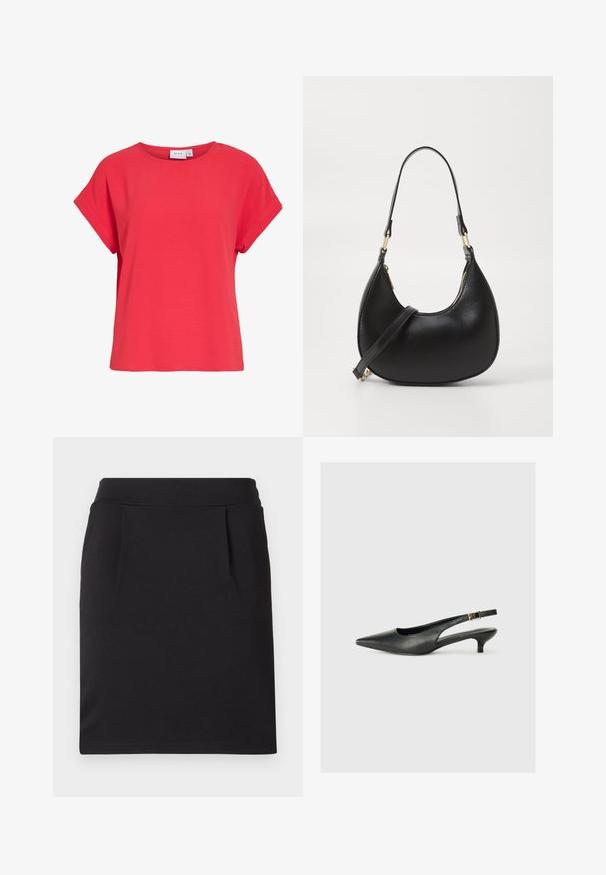 Top rouge pour femme à manches courtes, col rond et coupe décontractée, en tissu texturé, étiqueté "VILA" à l'intérieur du col.; Jupe crayon noire longueur genou avec une large ceinture et de subtils plis devant, faite en tissu lisse.; Chaussure slingback noire à bout pointu en cuir lisse. Présente un talon fin et un détail de boucle sur la sangle réglable.; Sac à main en cuir noir avec une forme courbée, doté d'une fermeture à glissière en haut, d'une courte poignée et d'une bandoulière amovible. Accent en métal doré.