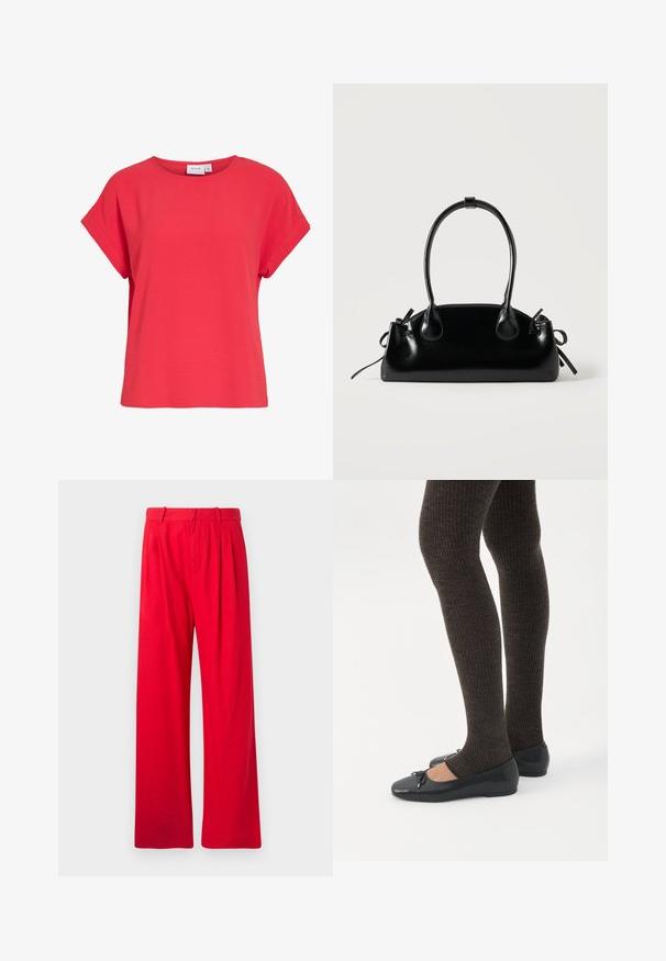 Top rojo de mujer de manga corta con escote redondo y corte holgado, hecho de tela texturizada, con etiqueta "VILA" en el interior del cuello.; Pantalones anchos rojos hechos de tela suave, con pliegues frontales, una cinturilla plana y una textura suave. Sin bolsillos ni patrones visibles.; Piernas con leggings oscuros acanalados combinados con bailarinas negras que presentan pequeños detalles de lazo sobre un fondo blanco.; Pequeño bolso negro brillante con dos asas largas y detalles de cordón lateral sobre un fondo claro liso.