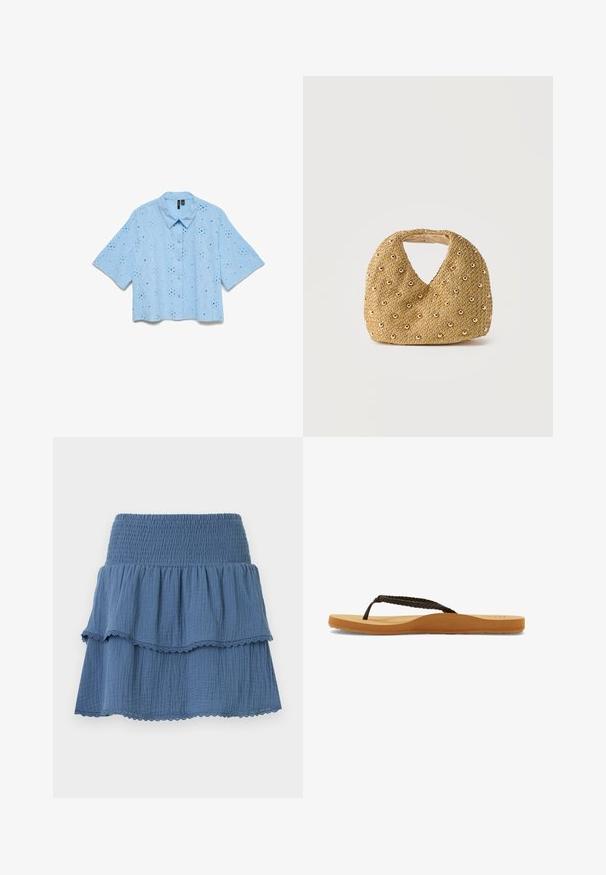Lyseblå kortærmet bluse med blomsterbroderi med hulmønster, knapper foran og spids krave.; Blå lagdelt nederdel med elastisk smocket talje og blondekant på teksturerede stoflag.; Brune flettede rem flip-flop med en blød sål og tan fodseng, der har et afrundet design og struktureret gummisål for godt greb.; Lille vævet beige håndtaske med rund form og guldfarvede runde nitter, der jævnt dækker dens overflade, med et udskåret håndtag.