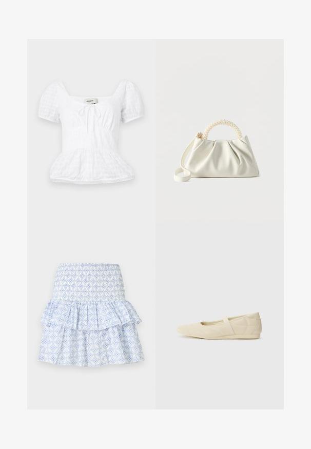 Haut peplum blanc avec un décolleté carré, de courtes manches bouffantes et un détail à cordon de serrage, présentant un motif de grille texturée et une garniture en dentelle.; Jupe blanche avec motif floral géométrique bleu, taille smockée et design à volants superposés.; Ballerines beiges avec une exterior en cuir lisse, un bout en forme d'amande et une sangle élastique sur le coup de pied, avec des détails de couture subtils.; Petit sac à main blanc avec un corps froncé, une poignée ronde ornée de perles et une bandoulière amovible sur un fond uni.