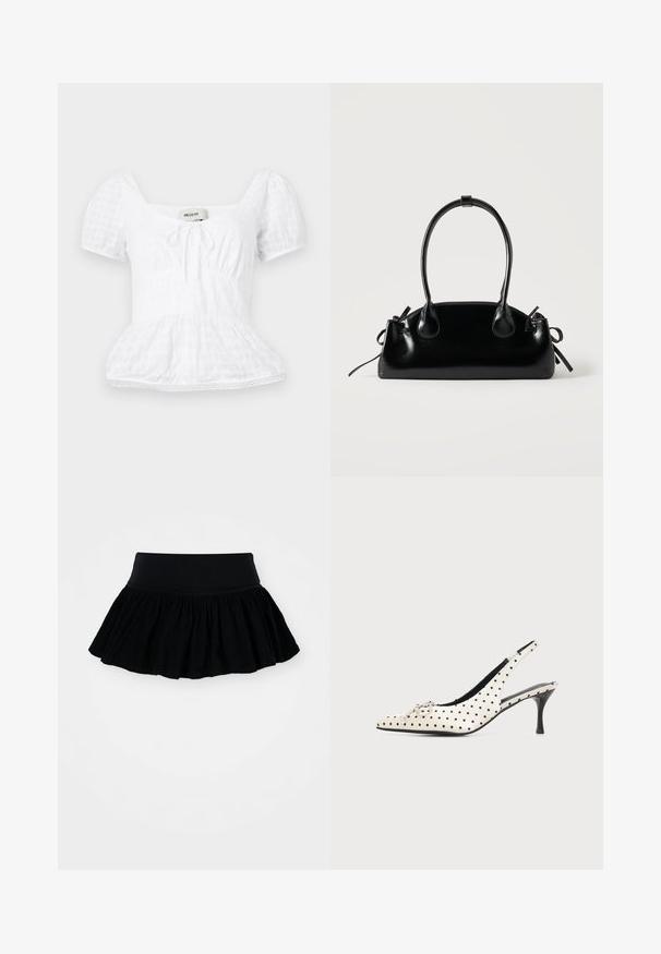 Biely peplum top s hranatým výstrihom, krátkymi puffovými rukávmi a šnurovaním, s texturovaným mriežkovým vzorom a čipkovým lemom.; Čierna rozšírená sukňa s nahrnutou, textúrovanou tkaninou a širokým pásom. Jednoduchý dizajn, bez vzorov alebo kovania.; Bielo kožené slingback topánky na vysokom podpätku s čiernymi bodkami a malou dekoratívnou mašľou na špicatom prste na jednofarebnom pozadí.; Malá čierna lesklá kabelka s dvoma dlhými rúčkami a bočnými šnúrkovými detailmi na jednoduchom svetlom pozadí.