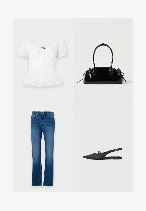 Haut peplum blanc avec un décolleté carré, de courtes manches bouffantes et un détail à cordon de serrage, présentant un motif de grille texturée et une garniture en dentelle.; Jeans en denim bleu évasés avec un design à cinq poches, braguette zippée et texture délavée. Comprend des accents de couture et une taille standard.; Chaussures slingback en cuir noir avec un bout pointu, comprenant une lanière étroite et un accent de boucle argentée sur le côté. Semelle plate.; Petit sac à main noir brillant avec deux longues anses et des détails à cordon sur les côtés sur un fond clair uni.