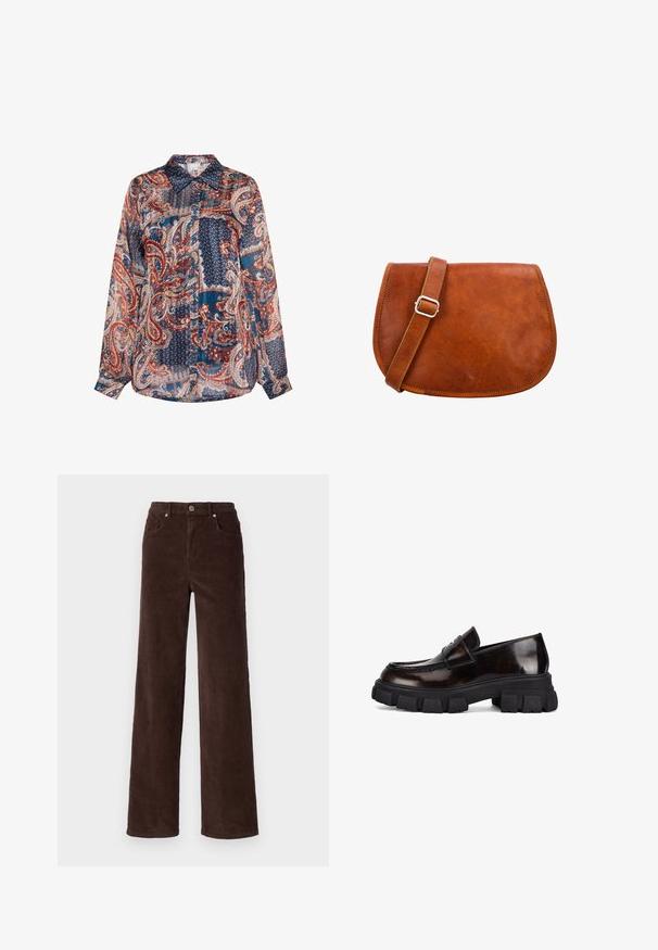 Pikendusega, nööpidega särk, mis on valmistatud kergest, mustrilisest kangast, millel on paisley jageomeetrilised mustrid sinises, punases ja kreemjas värvitoonis.; Vero Moda VMTESSA WIDE PANTS - Püksid - chocolate torte; Tumepruun nahast mokassiinkujuline king tugeva musta kummisisaldusega tallaga. Esiküljel on dekoratiivne rihm õmbluste detailidega.; Pruun nahast ristihoidev kott reguleeritava rihma ja hõbedase pannalaga, sile tekstuur, kaarduv põhjaosa ja nähtav õmblus servade ümber.