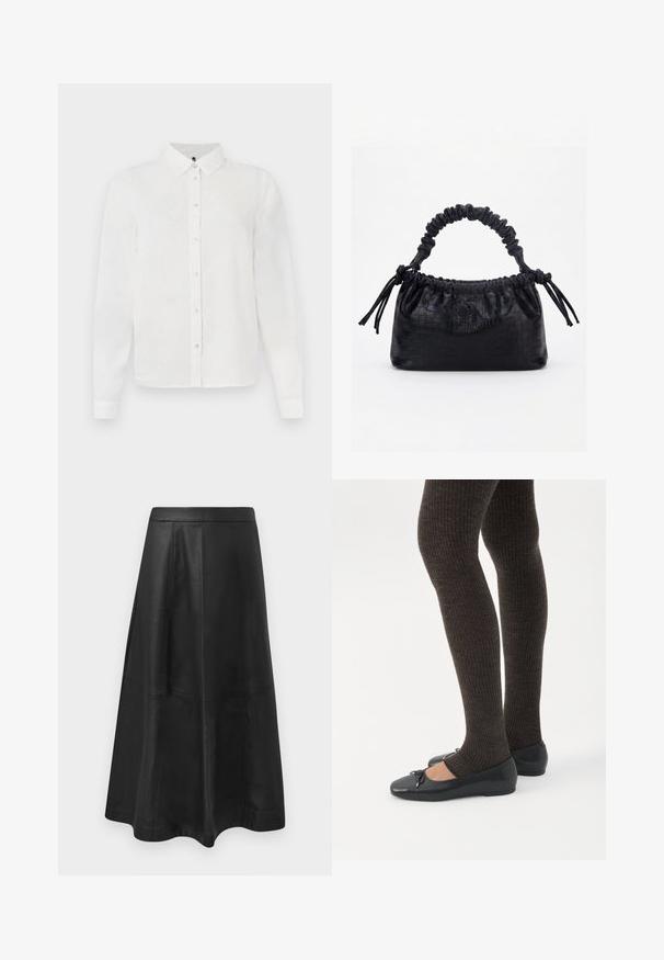 Witte lange mouw blouse met een kraaghals, voorzien van een subtiel textuurpatroon en een knopenlijst. Glad stof met een nette afwerking.; Zwarte leren midi-rok met een uitlopende silhoutte, afgewerkt met stiksel details en een gladde textuur. Geen zichtbare hardware of accenten.; Benen met donkere geribbelde leggings gecombineerd met zwarte ballerina's met kleine strikdetails op een witte achtergrond.; Zwarte handtas met krokodillenstructuur, geplooide bovenrand, samengevoerde handgreep en koordtassels aan elke kant tegen een witte achtergrond.