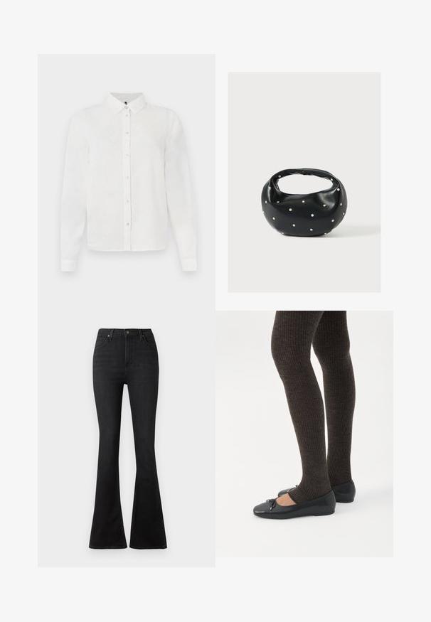 Hvid langærmet skjorte med krave, der har et subtilt struktureret mønster og knaplukning foran. Glat stof med en pæn finish.; Sorte flare jeans lavet af denim, med høj talje, forlommer og et klassisk fem-lomme design med metal knap hardware.; Ben iført mørke ribbede leggings kombineret med sorte balletsko med små sløjfedetaljer på hvid baggrund.; Sort læderhåndtaske med en rundet form, dekoreret med sølvnitter, og et kort håndtag. Glat tekstur og lynlåslukning.