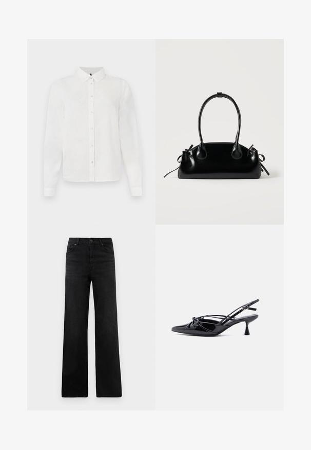 Witte lange mouw blouse met een kraaghals, voorzien van een subtiel textuurpatroon en een knopenlijst. Glad stof met een nette afwerking.; Zwarte denim broek met wijde pijpen en een klassiek vijf-pocket ontwerp, met een knoopsluiting en subtiele textuur. Strakke lijnen en minimale versieringen.; Zwarte slingback pump van lakleer met een spits toelopende neus, lage kittenhak en decoratieve knoopstrik aan de voorkant.; Kleine zwarte glanzende handtas met twee lange hengsels en zijkant trekkoord details op een effen lichte achtergrond.
