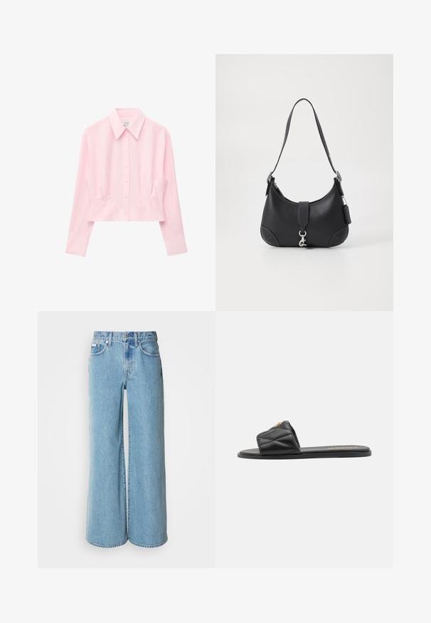 Chemise rose clair à manches longues avec boutons, col pointu et taille légèrement cintrée sur fond blanc.; Jean large bleu clair en denim, avec une taille haute, un design à cinq poches et un léger dégradé sur le tissu.; Sandale à glissière noire matelassée avec une semelle plate, ornée d'un accent doré sur la sangle. Fabriquée en matériau synthétique avec une texture lisse.; Sac à main en cuir noir de forme courbe, avec une poignée supérieure, des éléments en métal argenté et des surpiqûres contrastantes. Il présente une sangle à l'avant et des détails de surpiqûres.