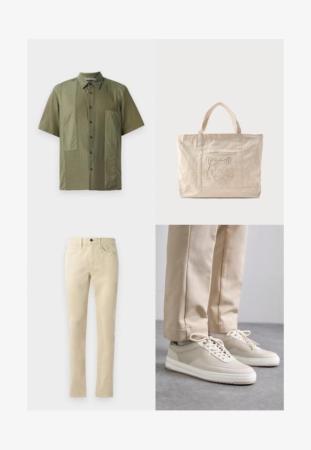 Kortærmet olivengrøn skjorte med krave, tekstureret stof og store påsatte lommer foran. Sorte knapper langs knapperne.; Beige lige bukser lavet af bomuldsblanding. Har fem-lomme design, bælteløkker og en sort knaplukning i taljen.; Beige sneakers med en tekstureret overdel, hvide såler og stikninger, parret med beige bukser, præsenteret på en grå overflade.; Beige lærredsnettaske med dobbelte håndtag og et præget ulvehoveddesign på forlommen.