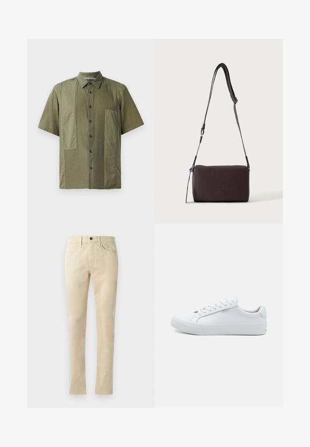 Kurze Ärmel olivgrünes Hemd mit button-down Kragen, strukturierter Stoff und großen aufgesetzten Taschen auf der Vorderseite. Schwarze Knöpfe entlang der Knopfleiste.; Beige Gerade geschnittene Hosen aus Baumwollmischung. Mit Fünf-Taschen-Design, Gürtelschlaufen und einem schwarzen Knopfverschluss an der Taille.; Weiße Leder-Sneaker mit glatter Oberfläche, niedrigem Design, runder Spitze und flacher Gummisohle. Ausgestattet mit flachen Schnürsenkeln und minimaler Markenkennung.; Dunkelbraune, strukturierte Leder-Crossbody-Tasche mit verstellbarem Riemen und kleinem dekorativen blauen Akzent an der Seite.