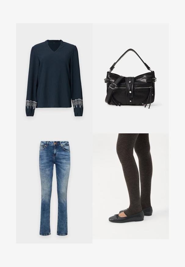 Marineblå bluse med V-udskæring, tekstureret stof og lange ærmer. Udsmykket med indviklet hvid broderi på ærmerne.; Lyseblå denimjeans med lige ben, der har en frontknaplukning, fem lommer og diskret fading.; Ben iført mørke ribbede leggings kombineret med sorte balletsko med små sløjfedetaljer på hvid baggrund.; Even&Odd H24462 - Håndtasker - black