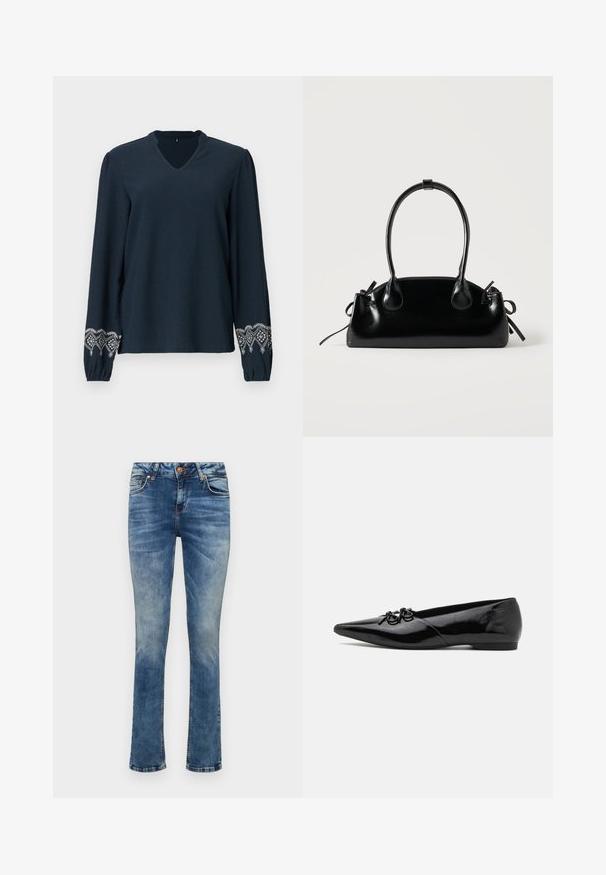 Blouse bleu marine avec un décolleté en V, en tissu texturé et à manches longues. Présentant des broderies blanches élaborées sur les poignets.; Jean en denim bleu clair avec une coupe droite, dotés d'une fermeture à bouton sur le devant, de cinq poches et d'un léger délavage.; Ballerines en cuir verni noir avec un bout pointu, présentant un nœud décoratif à l'avant et un design de talon bas et élégant.; Petit sac à main noir brillant avec deux longues anses et des détails à cordon sur les côtés sur un fond clair uni.