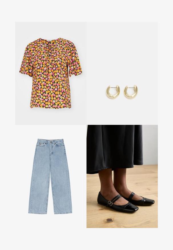 Sorte blomstret bluse med livlige orange, pink og gule blomster, korte ærmer, rund halsudskæring og samlingsdetalje foran.; Lyseblå jeans med brede ben lavet af denim, med høj talje, fem-lommer design og synlige syninger langs benene og kanten.; Sorte laklæder flade sko med firkantet tå, der har to stropper med spænder. Sålerne er flade på et lyst trægulv.; Guld-tone hoop øreringe med en glat, poleret overflade. Har en halvcirkelform og en sikker stiftlukning.