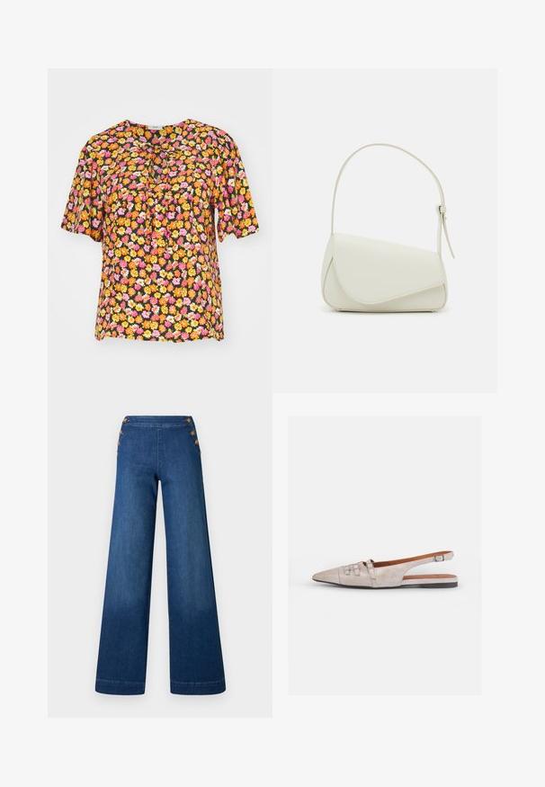 Blouse noire à motifs floraux avec des fleurs vibrantes orange, rose et jaune, manches courtes, encolure ronde et détail de fronces à l'avant.; Pantalon en denim bleu foncé à jambes larges. Il présente un devant plat avec cinq boutons dorés pour la fermeture. Texture lisse avec une finition classique.; Chaussure slingback beige clair avec un bout pointu, une texture en daim doux, ornée de deux boucles décoratives et d'un petit talon plat.; Sac à main en cuir synthétique blanc avec une forme triangulaire structurée, une bandoulière unique réglable et un rabat à courbes accentuées.