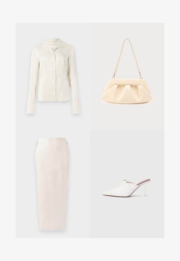 Off-white blouse met lange mouwen en knopen, voorzien van een brede kraag en een getailleerde taille, gepresenteerd tegen een effen lichte achtergrond.; Crème midi-jurk met een aangesloten silhouet, gemaakt van soepel materiaal, met een verborgen rits aan de zijkant en minimalistische naaddetails.; Witte mules met een puntige neus, geplooide textuur op het bovenwerk en een slanke naaldhak. Gladde oppervlakte en minimalistisch ontwerp.; Handtas van crème-kleurig leer met geplooide plooien, gouden hardware en een enkele dunne schouderband op een effen achtergrond.