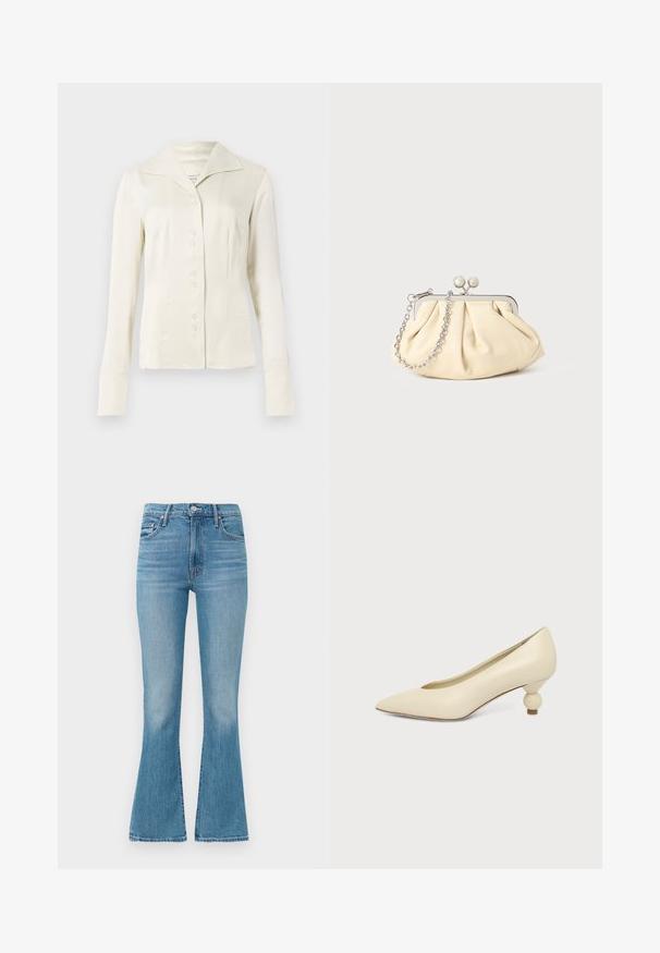 Off-white langærmet skjorte med knapper, bred krave og figursyet talje, præsenteret mod en plain lys baggrund.; Lysblå flagrende jeans lavet af denim, med høj talje, fem-lomme design og minimalistisk syning med en falmet finish i kanten.; Kremfarvet damesko med spids snude og lav hæl, hvor hælen er rund og kugleformet, på en ensfarvet baggrund.; Plisseret beige læderclutch med en sølvmetalramme, der har to runde dekorative låse og en sølvkædetrasporte.